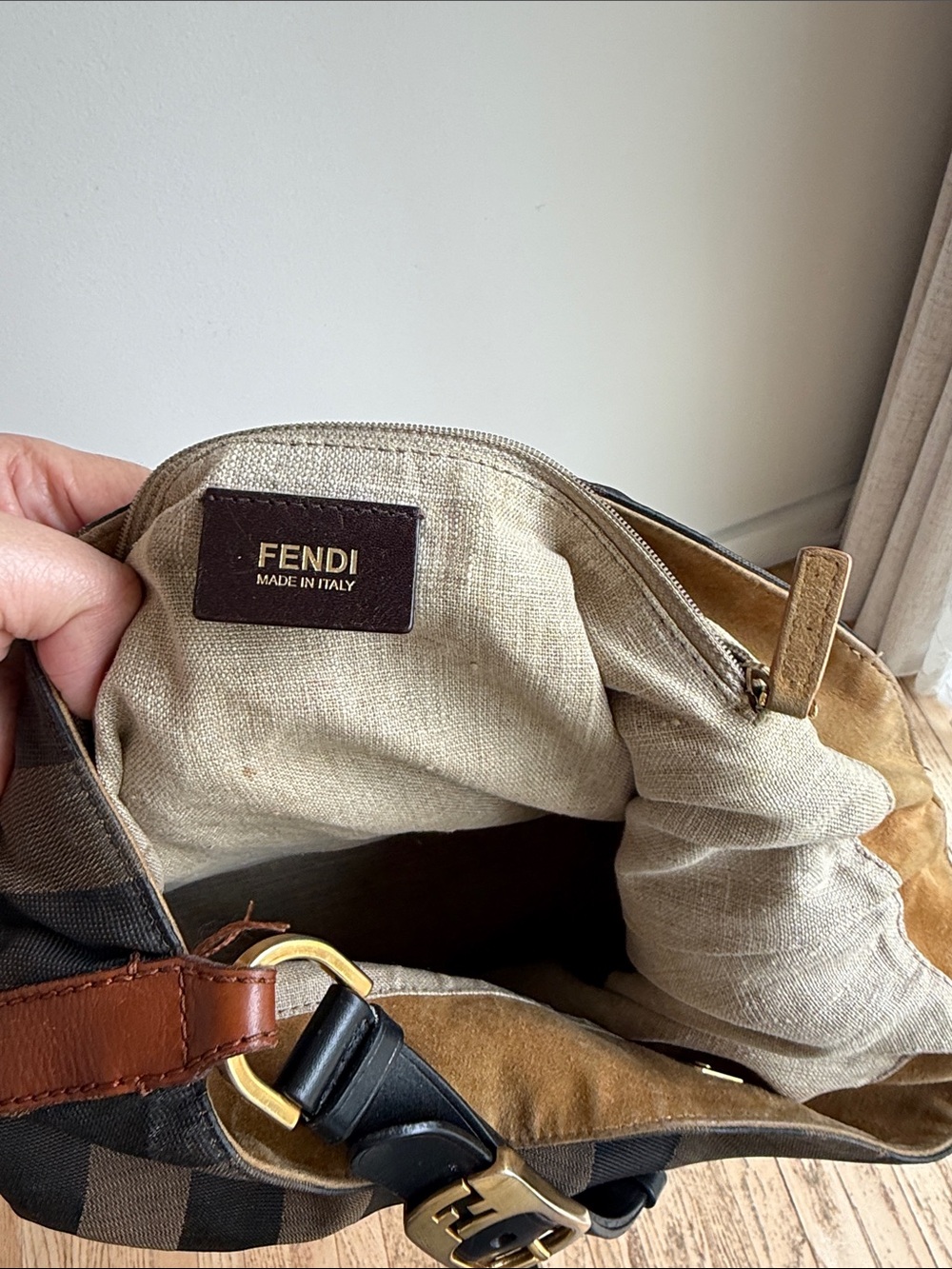 Fendi Brown & Black Striped Hobo Bag with Tan Leather Trim